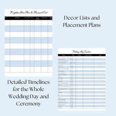 the printable wedding planner is shown in black and white, with text that reads, decor lists and placement plans