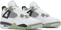 The Women’s Air Jordan 4 Retro ’Seafoam’ combines OG-inspired color blocking, reminiscent of the original ‘Fire Red’ release from 1989, with classic materials and refreshed pastel accents. The upper is constructed from smooth white leather with contrasting pops of Oil Green on the eyelets, interior lining, and the Jumpman branding hits that adorn the Flight tongue tag and molded heel tab. Legacy details are left intact, including the quarter panel netting and support wings. The classic silhouett Green Air Jordan 4 Sporty Shoes For Sports, Sporty Green Air Jordan 4 For Sports, Green Air Jordan 4 Casual For Streetwear, Green Casual Air Jordan 4 For Streetwear, Casual Green Air Jordan 4 For Streetwear, Green Air Jordan 4 With Branded Insole For Sports, Green Air Jordan 4 With Boost Midsole For Sports, Green High-top Air Jordan 4 For Sports, Green Low-top Air Jordan 4 Sporty Shoes