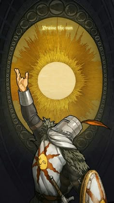 a drawing of a man in armor with his hands up and the sun above him