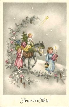 an old fashioned christmas card with two children riding on a horse and holding a lit candle