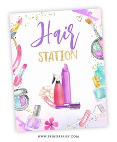 the hair station sign is surrounded by cosmetics and beauty products, including scissors, combs, blow dryers, and other items