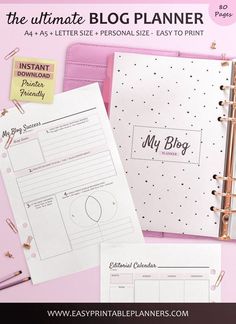 the ultimate printable planner is on display in front of a pink background with gold accents