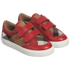 BURBERRY Red & Beige Check 'Mini Heacham' Trainers Kids Fashion Inspiration, Velcro Straps, Mary Jane Sneaker