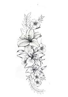 a black and white drawing of flowers with leaves on the bottom half of their arm