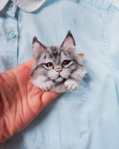 a person holding a small cat head in their left hand and wearing a blue shirt