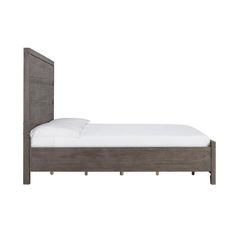 the bed frame is made with wood and white sheets