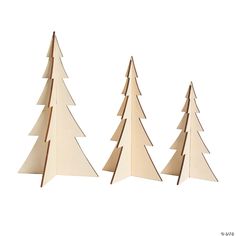 three wooden christmas trees on a white background