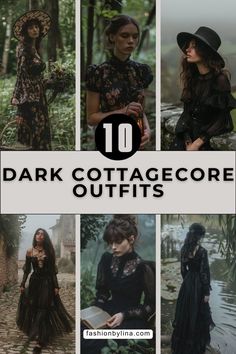 10 Dark Cottagecore Outfit Inspirations To Fuel Your Dream! – fashionbylina.com Dark Cottagecore Capsule Wardrobe, Gothic Cottagecore Outfits, Dark Feminine Dresses, Dark Cottage Core Fashion, Dark Cottage Core Outfits, Southern Gothic Outfits, Dark Mori Witch, Dark Cottagecore Outfits, Witchy Fits