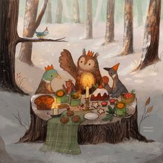 an owl is sitting at a table with food in the snow, surrounded by other birds