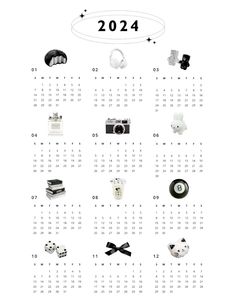 a calendar with various items on it and the date for each month in black and white