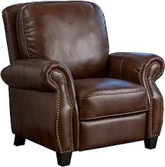 a brown leather recliner chair with nail accents on the armrests and arms