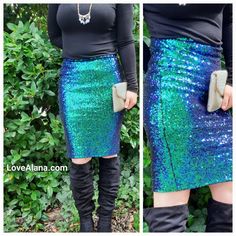 "An iridescent pencil skirt with mermaid vibes! It's the perfect amount of sexiness and modesty. Cute, tiny sequins. In a great length!!  :) - Stretchy with a hidden waistband  - Can dress up or down - Awesome in person! - Ships asap, you'll have it in 4-9 days SIZING: Length is 24 inches. It's stretchy runs true to size, but go down if in between sizes. S: 35-37\" fullest hip (0-2)  M: 38-41\" fullest hip (4-6)   L: 42-43\" fullest hip (8-10) XL: 44-46\" fullest hip (12-14)   Ships asap. *Handm Fitted Sequin Pencil Skirt, Elegant Green Skirt With Sequins, Elegant Green Sequined Skirt, Fitted Knee-length Sequin Skirt, Blue Knee-length Pencil Skirt For Party, Green Sequined Fitted Skirt, Glamorous Green Sequin Skirt, Sequin Stretch Pencil Skirt, Stretch Sequin Pencil Skirt