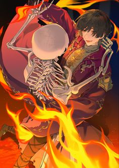 an anime character holding a drum in front of a fire filled sky with flames behind him