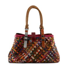 L'Artiste Style: HB-Triweave Genuine leather multi colored strips woven in the traditional basket weave design creating a gorgeous- anything but traditional beauty, of a hard working handbag to get you through anything that comes your way. Roomy 3 compartment satchel with a center open magnetic snap compartment featuring inside opposite wall pouches and zipper compartments, flanked by 2 zip top compartments for superior security and a small buckle lock and key for additional peace of mind. Each Multicolor Woven Leather Tote Bags, Multicolor Satchel With Braided Handles For Shopping, Multicolor Bags With Braided Handles For Daily Use, Multicolor Woven Leather Travel Bag, Multicolor Straw Bag With Leather Handles, Colorful Shoulder Bag With Braided Handles For Daily Use, Bohemian Multicolor Leather Satchel, Multicolor Woven Rectangular Satchel, Multicolor Leather-handled Rectangular Satchel