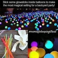 glow in the dark balls are being used to make decorations for an outdoor event or party