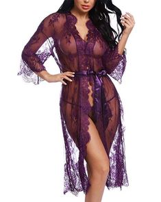 This Long Lace Dress can be wear as your lingerie robe/gown on the night. and you can wear it as a summer casual cardigan on the day outside. perfect for casual. pool. party. wearing at beach. swimming pool. It is also a good choice for a honeymoon gift.Item Type: NightgownsSleeve Length: FullDresses Length: Ankle-LengthDecoration: LaceMaterial: PolyesterCollar: V-NeckSpecial Use: Exotic ApparelStyle: Lace lingerieColor: Black/Purple/WhiteSize: S/M/L/XL/2XLPackage: 1* Lingerie Robe SIZE BUST (In Elegant V-neck Sleepwear For Vacation, Elegant Long Sleeve Sleepwear For Vacation, Sheer V-neck Summer Nightgown, Long Summer Robe For Sleep, Long Summer Sleep Robe, Elegant V-neck Sleepwear For The Beach, Spring V-neck Night Robe, Sheer Sleepwear For Night, Purple Summer Nightgown For Loungewear