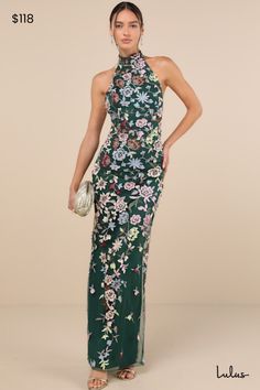 There will be no end to the compliments you receive when you're wearing the Lulus Infinite Praise Emerald 3D Floral Embroidered Halter Maxi Dress! This stunning dress has an airy mesh fabrication that boasts an array of floral embroidery and floral applique details, some of which have a 3D effect a the edges. Halter neckline has loop-button closures at the back, atop a princess-seamed, backless bodice. High, fitted waist sits atop a figure-skimming column skirt that finishes with an elegant maxi hem. Kick pleat at back allows for effortless movement. Hidden back zipper/clasp. Fit: This garment fits true to size. Length: Floor length. Size medium measures 61.5" from top to bottom. Bust: Great for any cup size. Waist: Fitted - very fitted at natural waist. Hip: Fitted - consider sizing up fo Green Floral Embroidered Dress For Gala, Green Floral Embroidery Dress For Gala, Floral Print Maxi Embroidered Dress For Party, Floral Print Embroidered Maxi Dress For Party, Fitted Maxi Dress With Intricate Embroidery For Party, Elegant Embroidered Green Maxi Dress, Spring Party Maxi Dress With Intricate Embroidery, Spring Maxi Dress With Intricate Embroidery For Party, Green Embroidered Dress For Party With Intricate Details