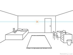 a line drawing of a bedroom with a bed and dresser