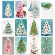 twelve christmas cards with colorful trees on them