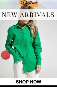 Textured Button Up Long Sleeve Shirt Winter Relaxed Fit Button-up Tops, Spring Tops With Button Closure And Spread Collar, Green Blouse With Spread Collar And Relaxed Fit, Long Sleeve Shirt With Placket For Spring, Casual Green Blouse With Spread Collar, Green Solid Color Shirt For Fall, Spring Long Sleeve Top With Placket, Casual Green Blouse For Winter, Solid Color Button-up Winter Top