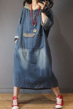 Blue Fading Hooded Denim Dress Fashion Large Size Jeans Dress in #1 #2 One Size - Morimiss.com Denim Dress Fashion, Quotes Outdoors, Jeans And T Shirt Outfit, Blue Jeans Crafts, Moda Jeans, Denim Crafts, Travel Humor, Denim Diy, Hooded Dress