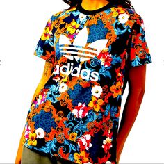 New With Tags Adidas Originals Floral Trefoil Very Oversized Rare Graphic Tee Shirt Size Xs But Will Easy Fit Up To A Large. Multicolor Logo Print T-shirt For Spring, Multicolor Logo Print Tops For Summer, Casual T-shirt With Vibrant Print And Short Sleeves, Casual Short Sleeve T-shirt With Vibrant Print, Vibrant Short Sleeve Relaxed Fit Tops, Vibrant Multicolor Crew Neck Top, Multicolor Logo Print Short Sleeve Tops, Casual T-shirt With Vibrant Print, Multicolor Short Sleeve Tops With Logo Print