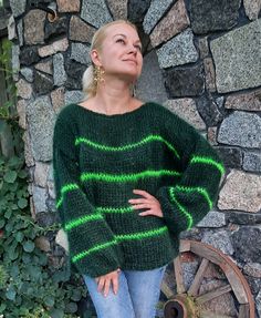 "Soft oversized green mohair sweater with neon stripes, handknitted sweater, mohair knit sweater, woolen sweater,  stripes wool knit sweater Warm, cozy chunky knit sweater with neon stripes made of soft fluffy mohair wool in trendy colors and styles. Model shown in size S. The sweater can be made in any size, as well as in a different color or color combination. The size guide and full palette of possible colors is in the photos The composition includes 50% mohair and 50% acrylic. Colors availab Green Mohair Knitted Sweater, Mohair Knit Sweater, Handknitted Sweater, Mohair Sweater Knit, Woolen Sweater, Wool Knit Sweater, Woolen Sweaters, Neon Stripes, Mohair Knit