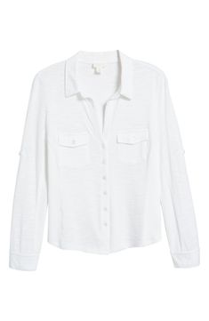 This soft cotton-blend shirt is fashioned with button-flap chest pockets and long roll-tab sleeves. 24" length (size Medium) Spread collar Long sleeves with roll-tab cuffs 60% cotton, 40% polyester Machine wash, tumble dry Imported Spring Collared Top With Flap Pockets, Long Sleeve Summer Tops With Flap Pockets, Long Sleeve Tops With Flap Pockets For Summer, Fitted Cotton Tops With Flap Pockets, Summer Long Sleeve Tops With Flap Pockets, Fitted Tops With Flap Pockets For Spring, White Relaxed Fit Top With Buttoned Pockets, White Tops With Buttoned Pockets And Relaxed Fit, White Long Sleeve Tops With Buttoned Pockets