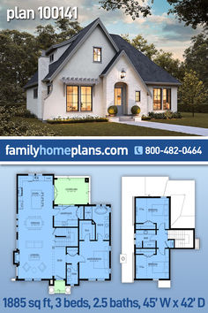 two story house plan with 3 bedroom and 2 bathroom in the front, an open floor plan