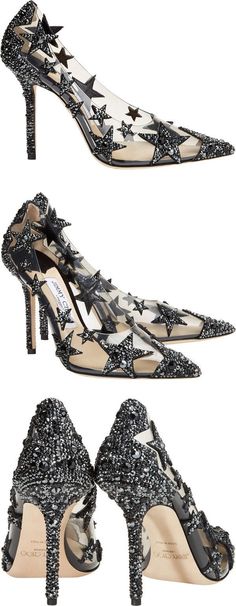 Jimmy Choo Lisha Black and Smoke Mix Plexi Star Patchwork Pointy Toe Pumps with Crystals | Lisha is a our new sophisticated and sexy style. This clear plexi pump features scattered crystal star detailing and a crystal covered heel. It boasts an 100mm heel height which creates a leg-lengthening effect. Steal the show when wearing these fabulous heels. | #jimmychoo #shoes #heels #ad #pumps #bling #glam #stars #partyshoes #silverheels #crystalpumps Star Patchwork, Casual Party Outfit, Summer Party Outfit