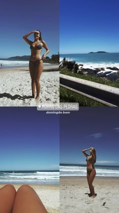 three different pictures of a woman in bikinis on the beach with her hands behind her head