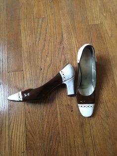 1960's/70's brown and white Andrew Geller high heel shoes. Has a few indents. Marked as a size 7, fits better as a 6.5/7 White Ball Gowns, Womens Pumps, Shoes Size 6, Brown Heels, Brown Shoe, High Heel Pumps, Heel Shoes, Womens Heels, Pump Shoes