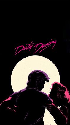 the poster for dirty dancing shows a man and woman kissing in front of a full moon