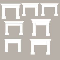 a set of different types of fireplaces and pillars, all in white on a gray background