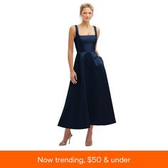 in stock Dessy Collection, Skirt Pockets, Full Circle Skirts, Dress Crafts, Satin Midi Dress, Midnight Navy, Circle Skirt, Navy Color, Wide Straps