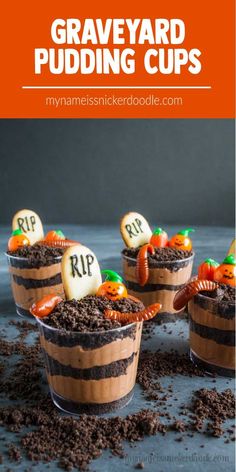 halloween graveyard pudding cups with candy in them