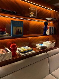 a display case filled with books on top of a wooden shelf next to a white couch