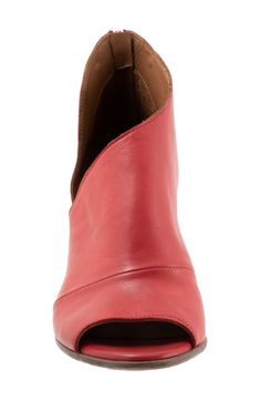 Asymmetric paneling curves around the peep-toe silhouette of this cutaway bootie outfitted with a rear-zip closure and wrapped block heel for modern elegance. 3" heel; 1/2" platform Cushioned footbed Leather upper and lining/rubber sole Made in Turkey Booties Outfit, Block Heels, Leather Upper, Nordstrom, Heels, Red, Leather