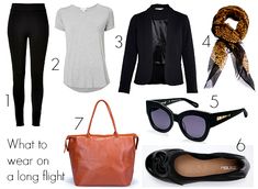 a woman's outfit and accessories are arranged in the shape of a circle, with text that reads what to wear on a long flight