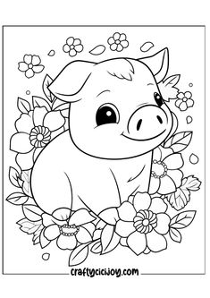 a pig with flowers on it's head in the middle of a coloring page