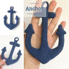 crocheted anchor brooch in blue and white with the words anchor on it