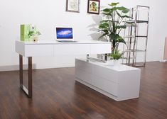 a laptop computer sitting on top of a white desk next to a potted plant