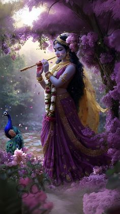 a painting of a woman playing the flute in front of purple flowers and peacocks