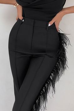 Black Suit Trousers, Faux Feathers, Statement Pants, Black Dress Prom, Stylish Work Attire, Black Tie Gala, Feather Trim, Suit Trousers, Black Velvet Dress