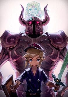 the legend of zelda is standing in front of a giant robot