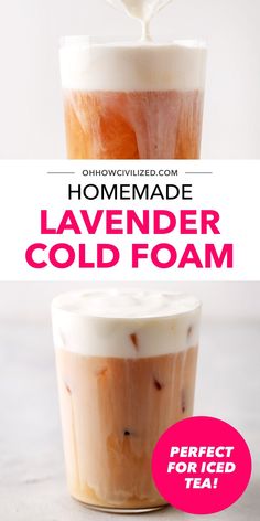 the homemade lavender cold foam is being poured into a cup with white liquid on top