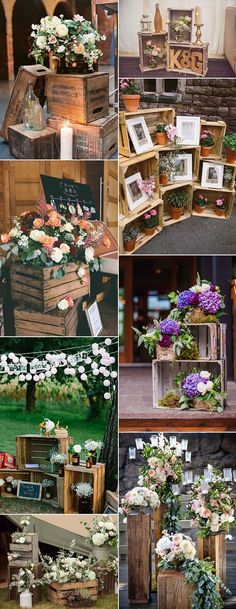 many different pictures of flowers in wooden boxes and vases on the ground, including one with