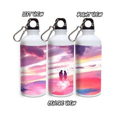 three different styles of water bottles with the same image on them, one is pink and purple