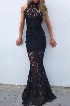 Mermaid con los vestidos de graduación de encaje negro sin mangas de cuello alto Black Lace Wedding, Black Lace Prom Dress, Mermaid High, Dress Outfits Party, High Neck Prom Dress, Wedding Dress Color, Black Wedding Dress, Hippie Style Clothing, Lace Prom Dress