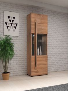 a tall wooden cabinet sitting next to a potted plant on top of a floor